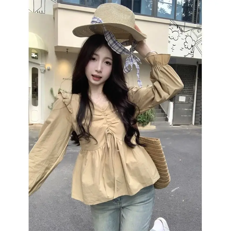 Design Sense French Ruffle Collar Loose and Stylish Back Lace Up Long Sleeved Shirt Women's Small Shirt Top