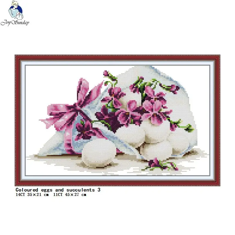 Colorful Eggs and Succulent Series Joy Sunday Flower Cross Stitch Kit Aida 14CT 11CT Count Canvas Embroidery Set Home Decoration