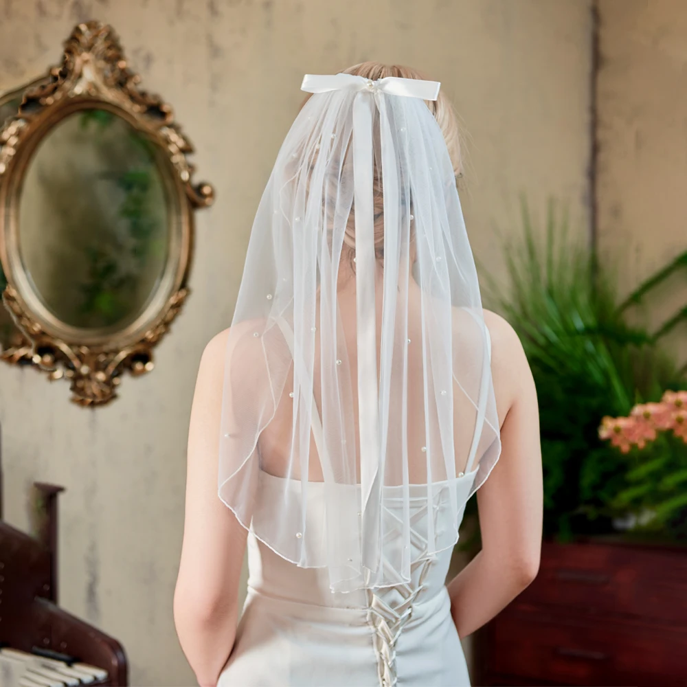 

Аксессуар для волос на День святого Валентина: модная фата с бантом и жемчугом, с гребнем, для невесты, свадебная фата, украшение для волос VP191