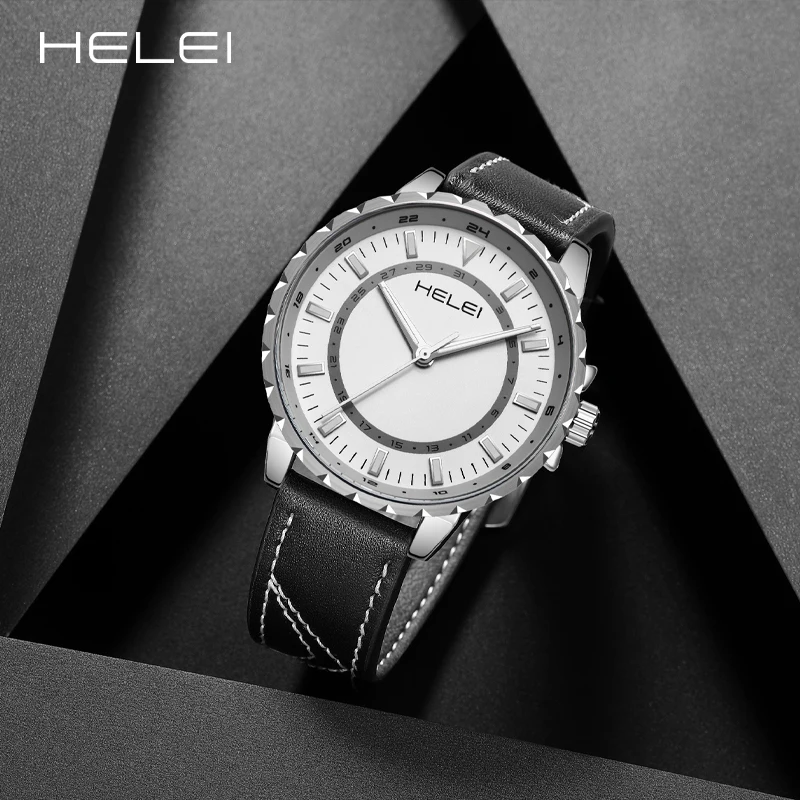 HELEI Fashion new sports casual quartz watch date genuine leather strap men's wristwatch