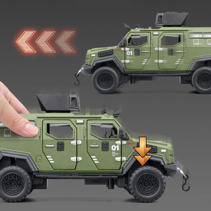 Modelo off-road blindado de tigre com dentes de sabre em escala 1:32, veículo à prova de explosão SWAT da polícia de liga de zinco com portas que podem ser abertas, som, luzes e puxar para trás - carro de brinquedo para presente de aniversário/natal para meninos