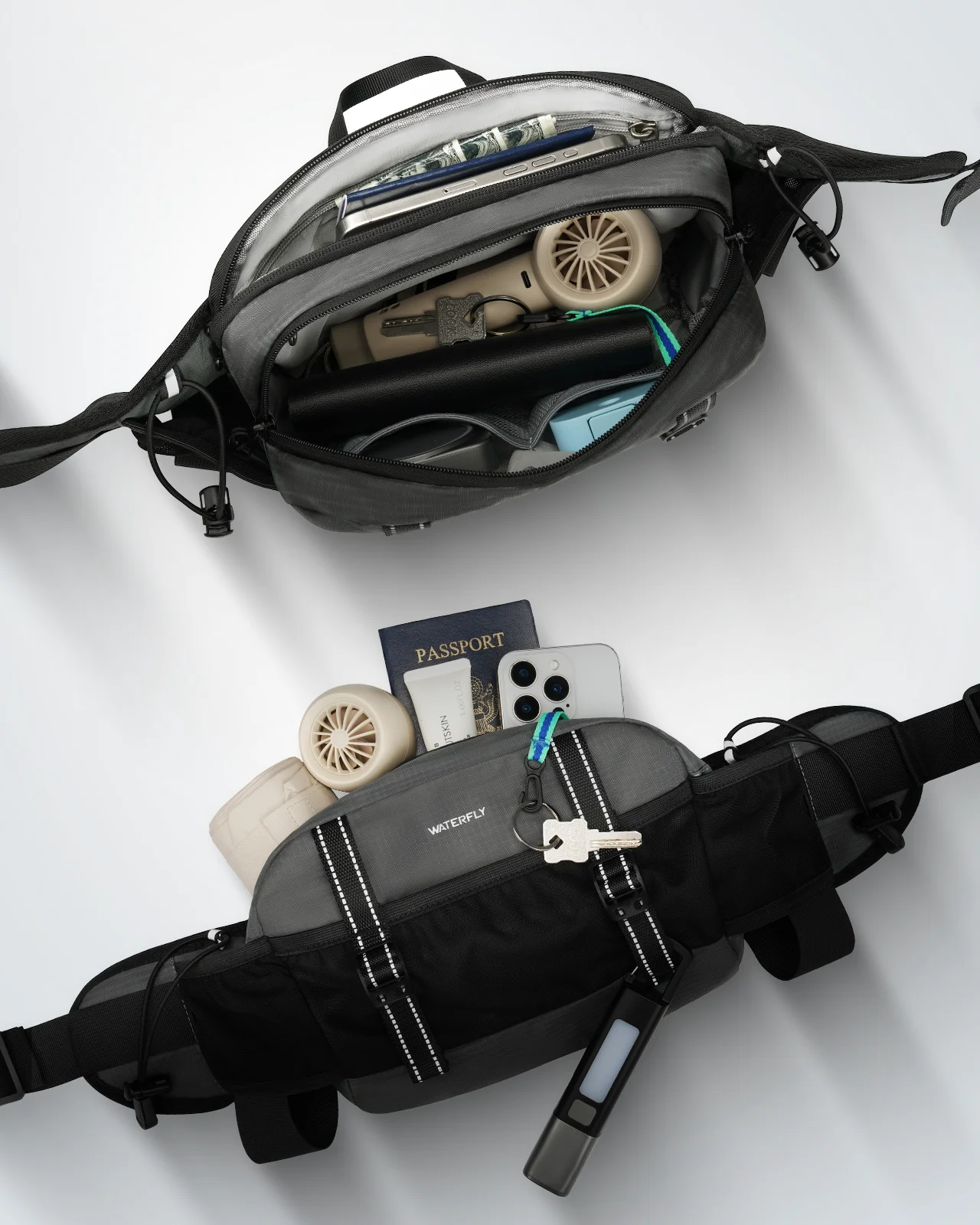 Marsupio da escursionismo WATERFLY da 3 litri - Marsupio con 2 portabottiglie e 9 tasche, cintura regolabile, ideale per viaggi, corsa, ciclismo