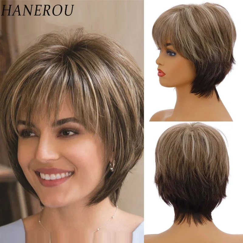 

HANEROU Short Straight Synthetic Mixed Brown Natural Ombre Pixie Cut Wig for Women Cosplay Daily Heat Resistant Fiber