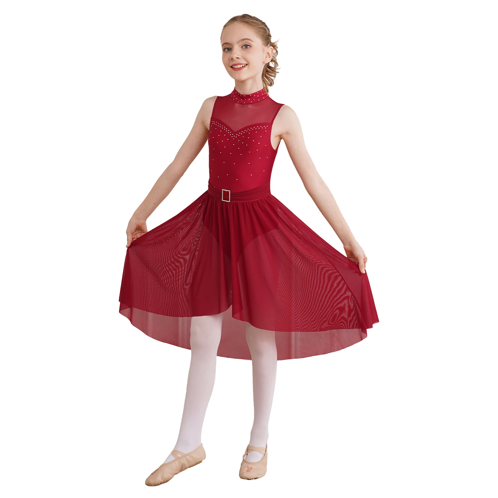 Kids Girls Modern Contemporary Lyrical Dance Dress Sleeveless Hollow High-Low Hem Rhinestone Ballet Leotard Dress Praise wear