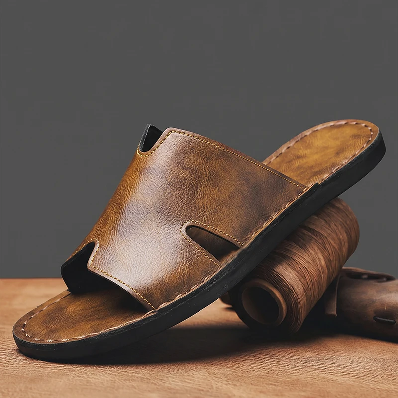 Fashion Men's Slippers Summer Outer Wear Non-Slip Wear-Resistant Casual Luxury Slippers Leather Slippers Outdoor