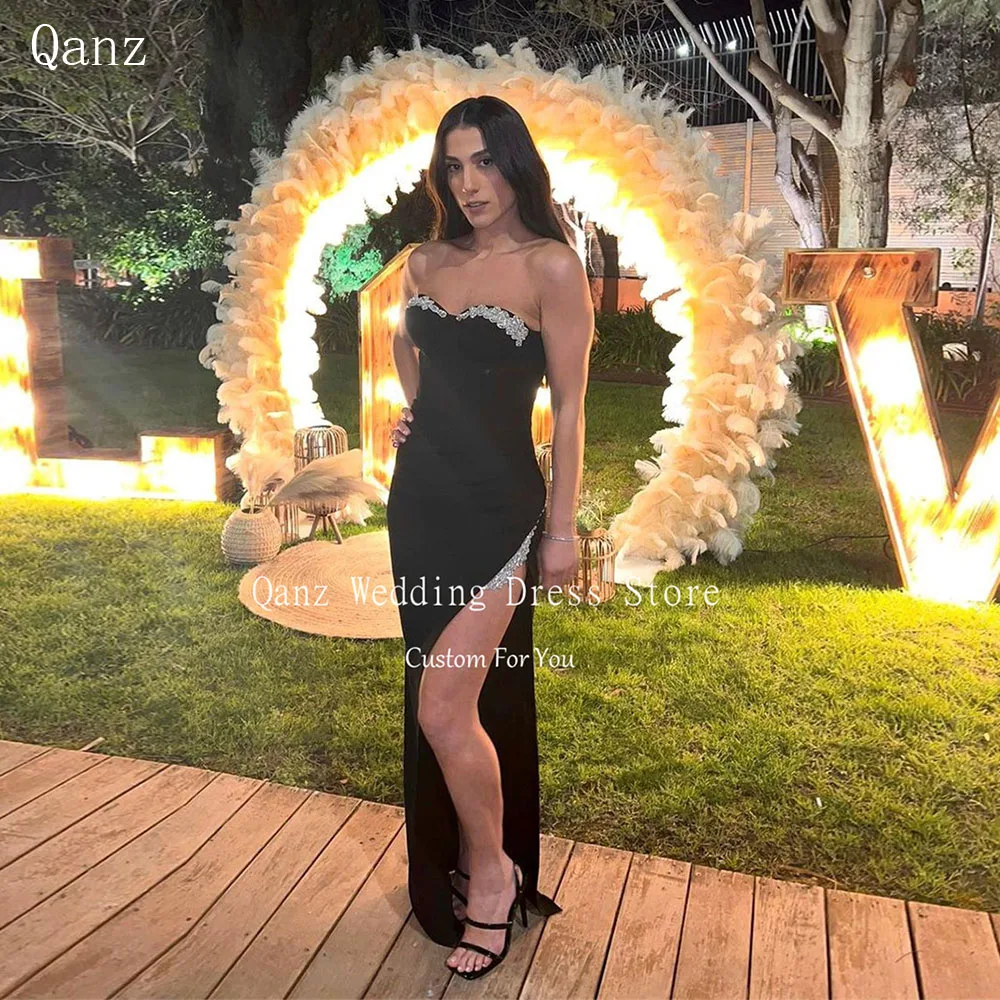 

Qanz Black Stain Prom Dresses Sweetheart High Leg Slit Party Gown Mermaid Long Sleeves Crystal Vestidos Para Eventos Especiales