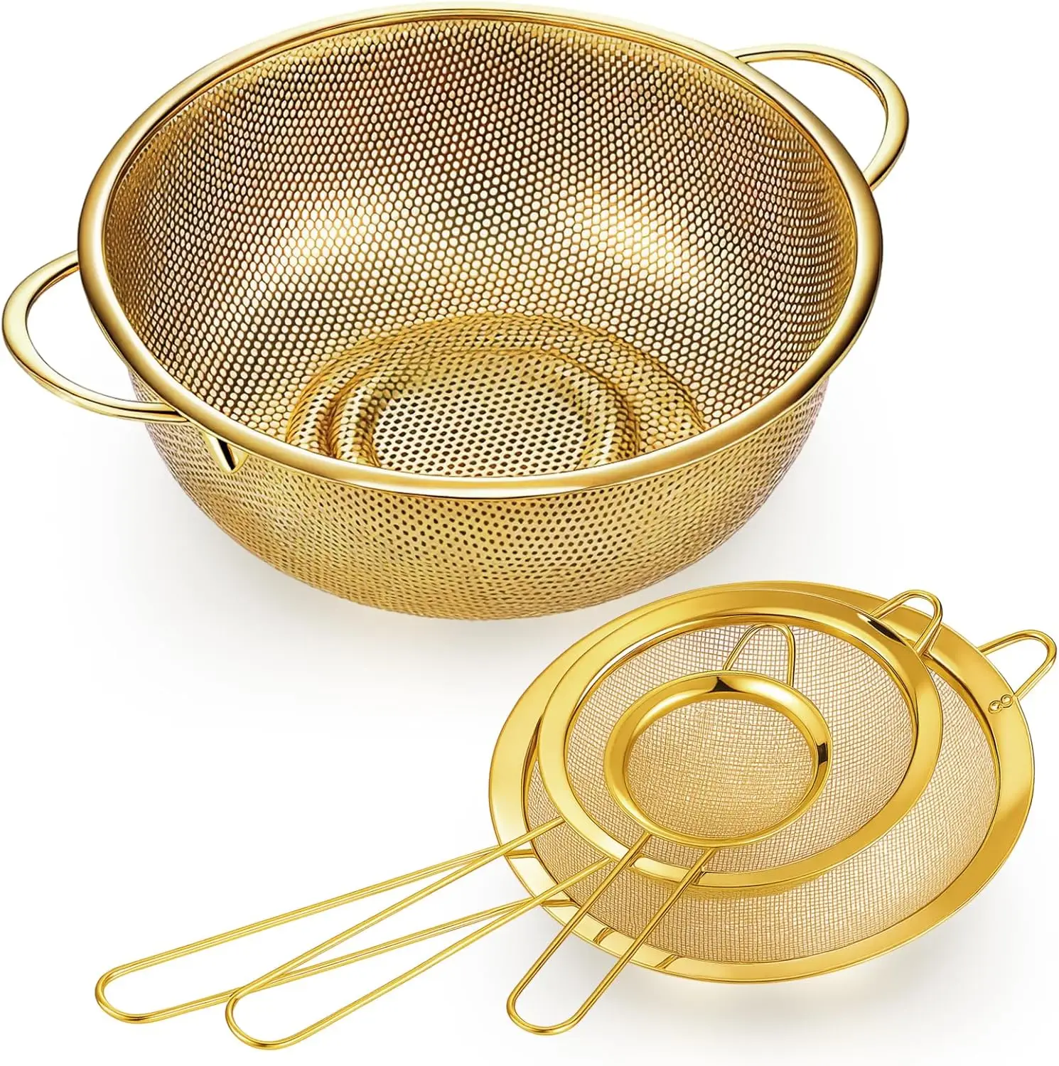 

3 Quart Stainless Steel Gold Colander and 3 Pcs Fine Mesh Strainer with Handles Gold Kitchen Accessories for Kitchen Dra