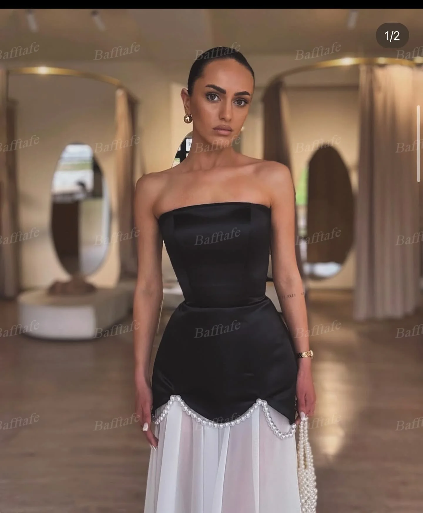 Bafftafe A Line Satin Chiffon Prom Dresses Customized Women Formal Occasion Gown Pearls Strapless Arabia Evening Party Dress image 2