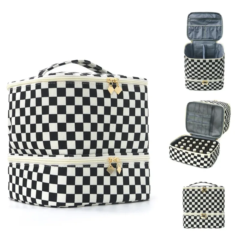 Checkered Double Layer Nail Polish Storage Bag Corduroy Large Makeup Bag Professional Manicure Tool Case