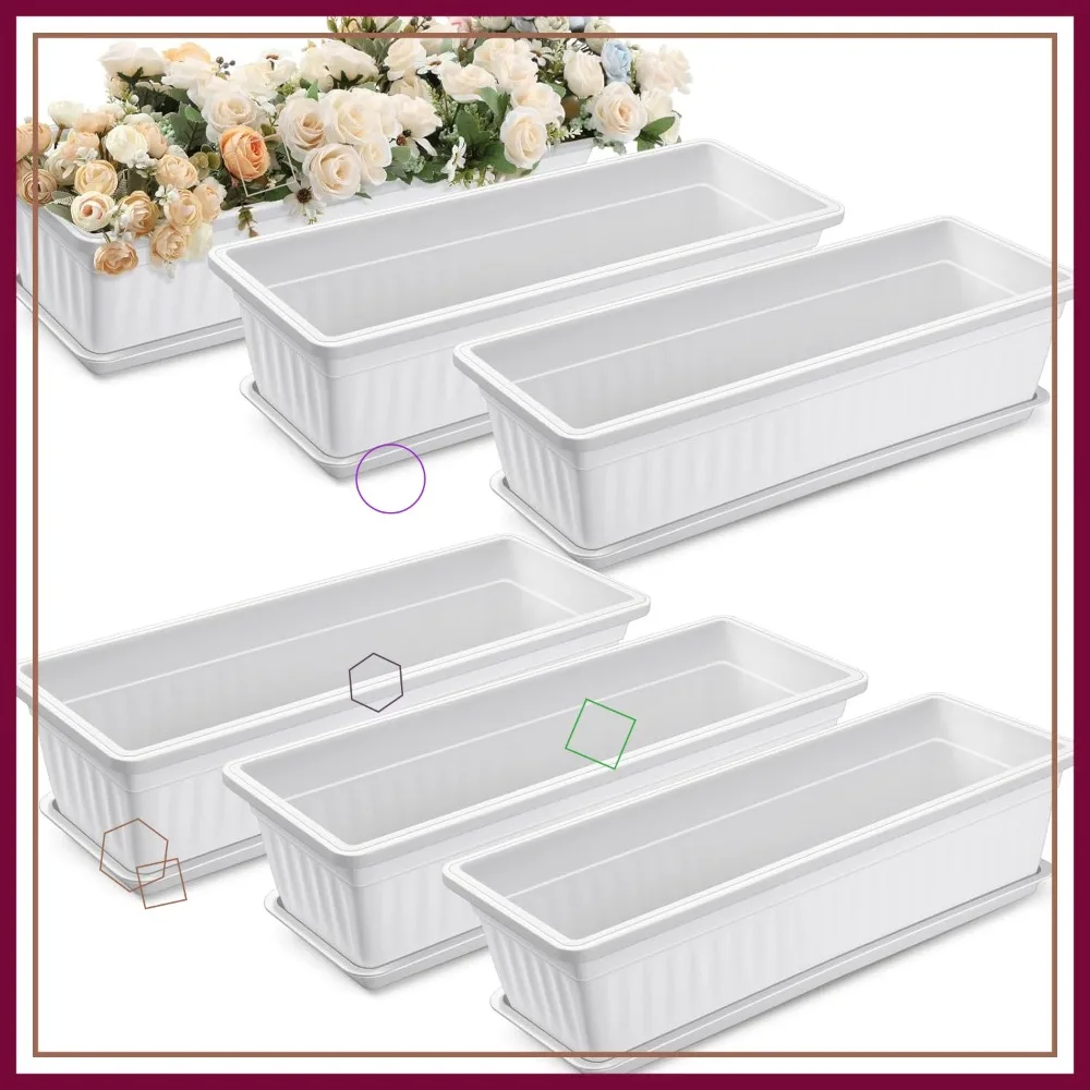 

Extra Large 23 Inch Window Flower Box, 6 Pack Rectangle Planter with Drainage Trays for Balcony Patio Garden
