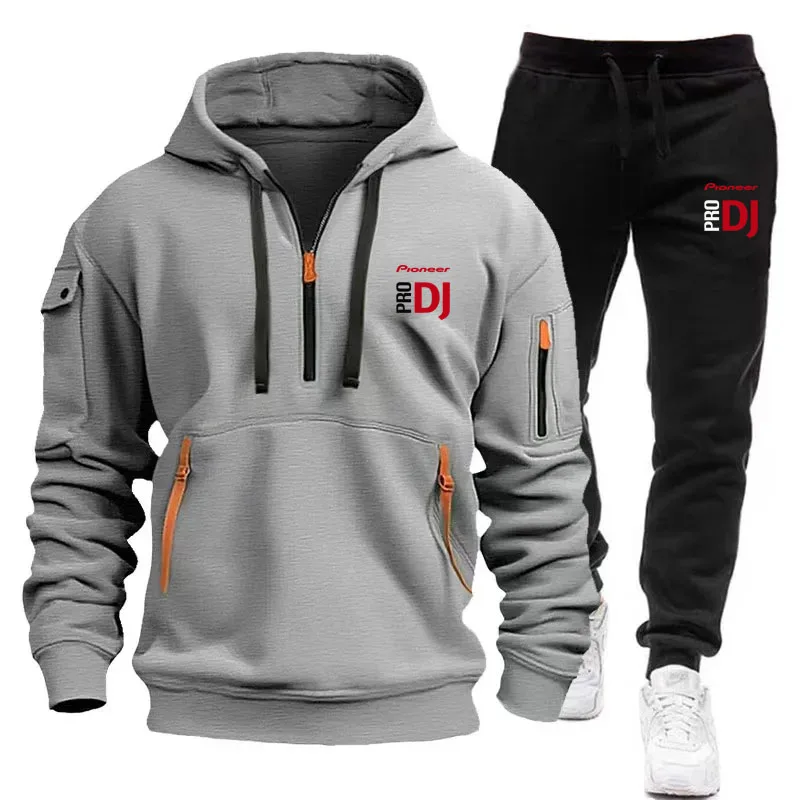 Men's new autumn and winter multi-pocket zipper long-sleeved hoodie + sports and leisure pants two-piece fitness jogging suit