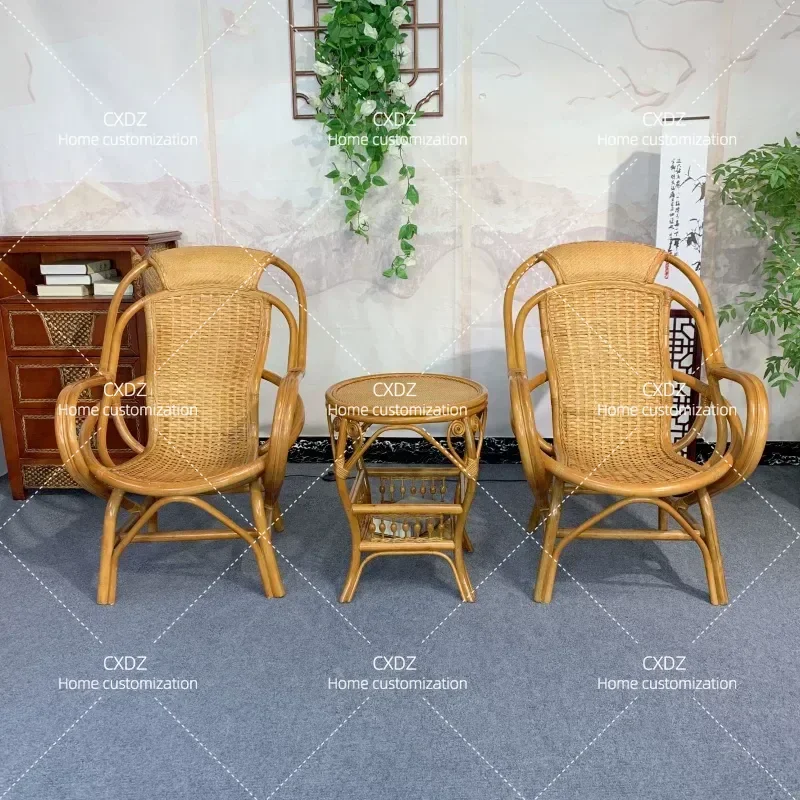 Natural Rattan Chair 3 Piece Set Balcony Casual Coffee Table Combo Household Single Backrest Woven Swivel Chair Comfortable