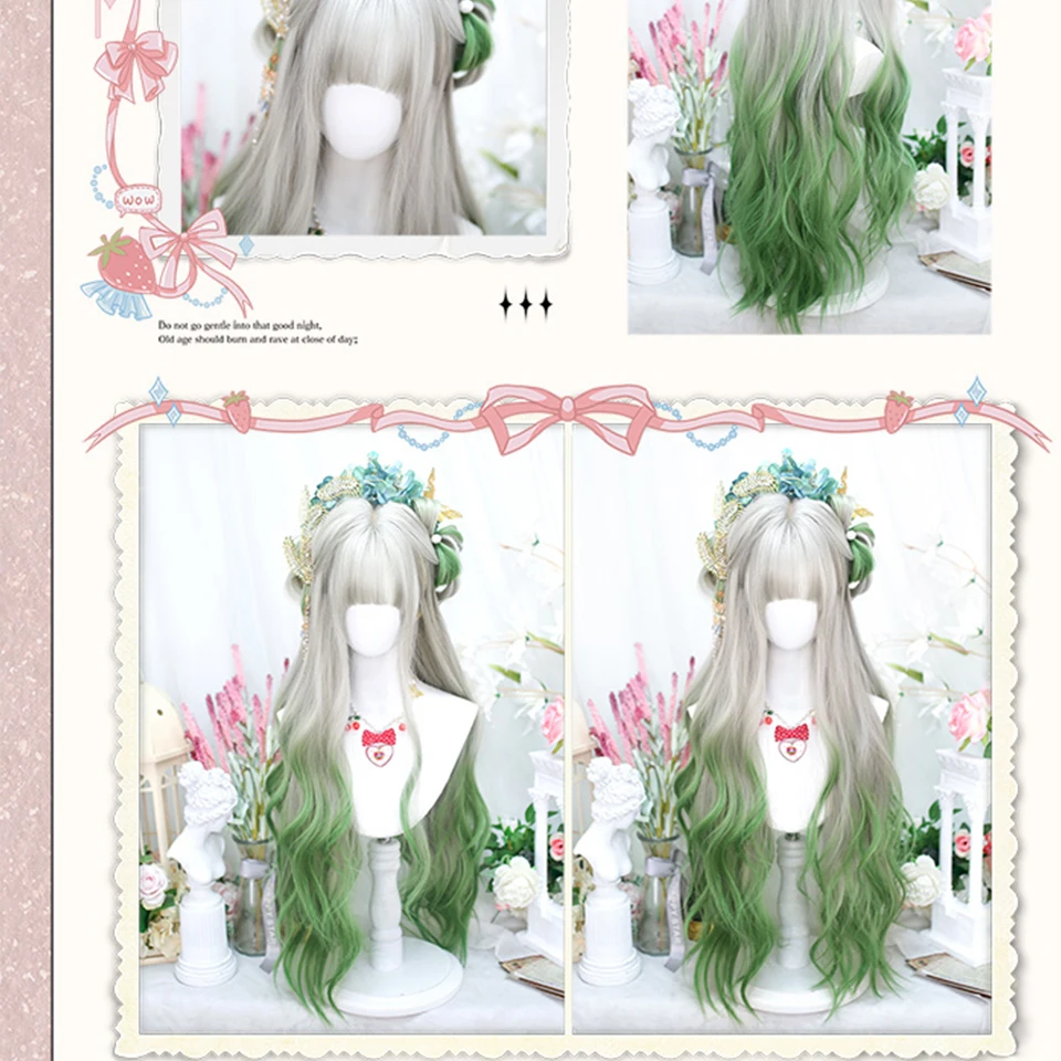 Cosplay Wig Female Synthetic Long Wavy Wigs For Women Grey  Green Lolita Wigs Long Curly