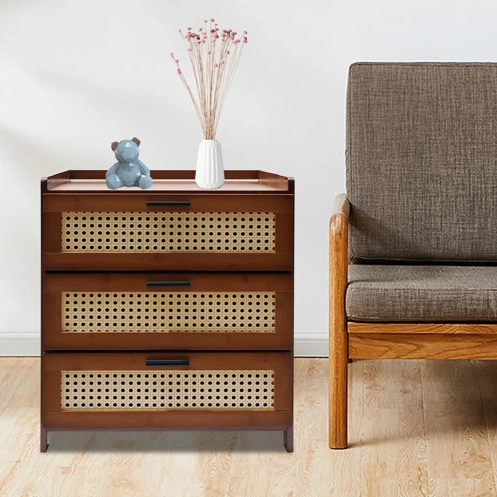 

Современная прикроватная тумбочка с 3 ящиками, приставной столик с бамбуковыми элементами, придиванный столик, прикроватный столик для небольших помещений (грузоподъемность 20 кг)