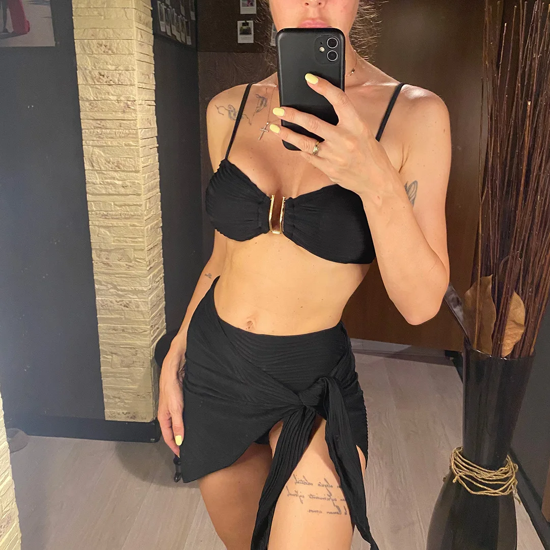 Neu mit Sarong, U-förmiger Bikini mit hoher Taille, Damen-Badeanzug, dreiteiliges Bikini-Set, Badebekleidung, Badeanzug, Schwimmbekleidung V6953 – Detail 4