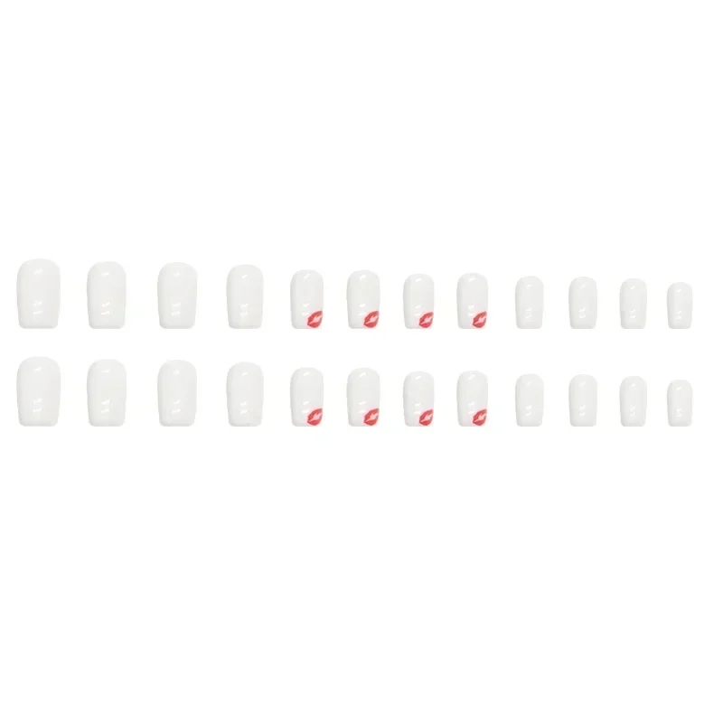 Hot Sexy Girl Simple Glossy Pure White Red Lip Long Coffin Fake Nail Tips Full Finished False Nail Press on Glue Manicure Woman