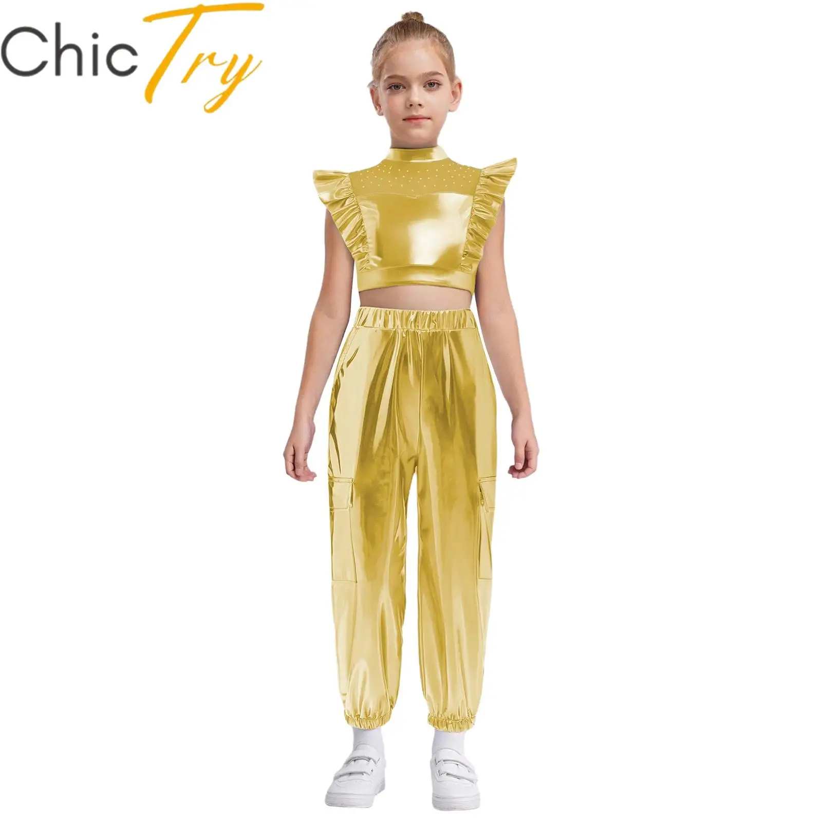 Kinderen meisjes hiphop jazzdanssets strass patchwork mouwloze metallic ruches crop top met cargobroek street wear outfit