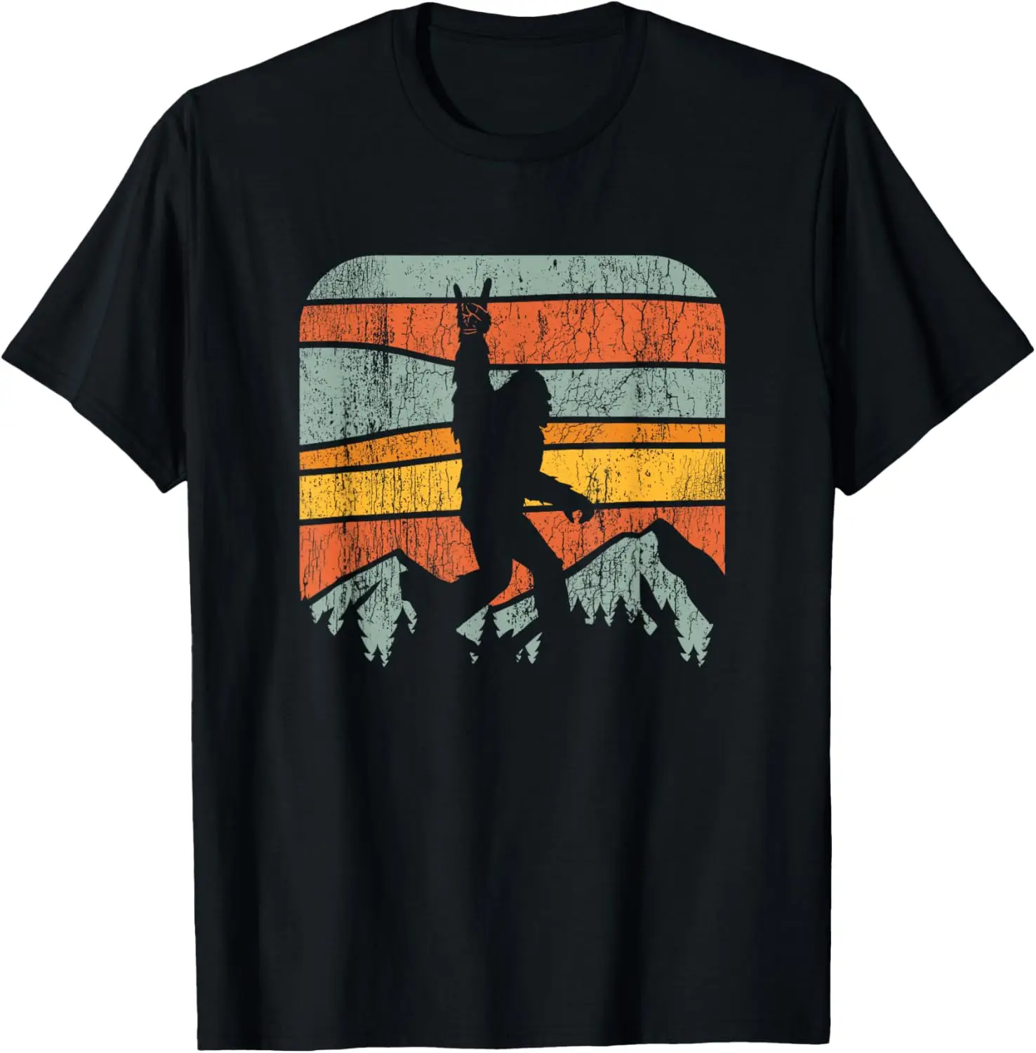 Retro T-shirt with A Rock and Roll Bigfoot Design, Perfect for Summer and Lovers of Rock Music and Mountain and Tree Motifs.Y2K