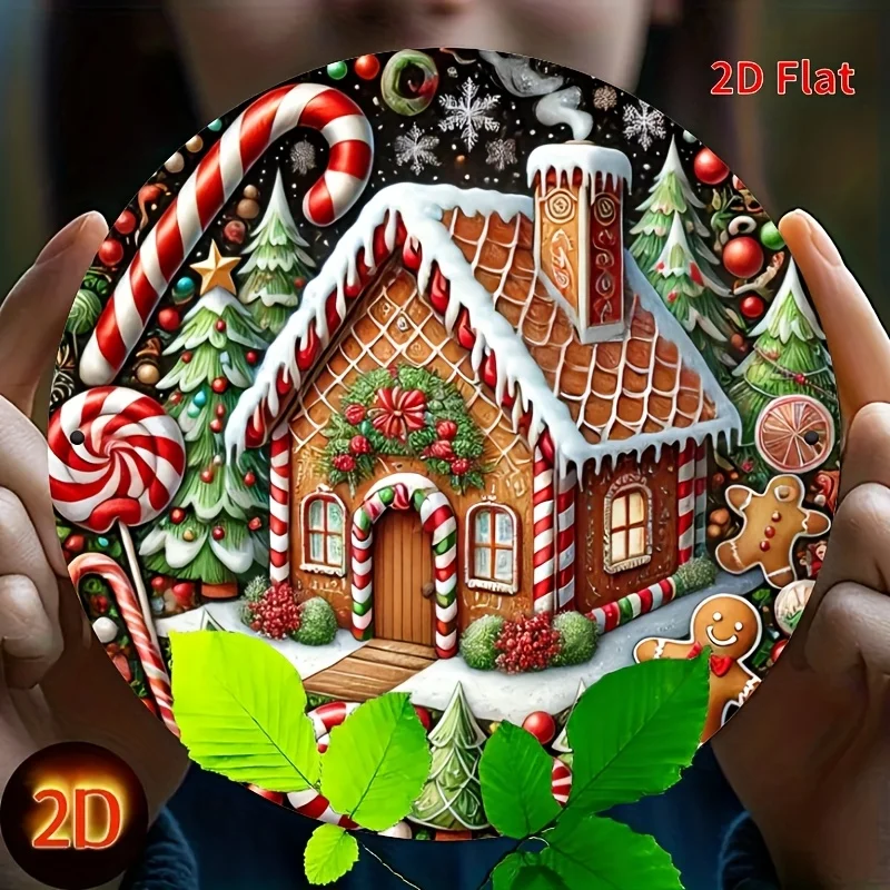 Ein flaches 2D-Lebkuchenhaus und ein runder Holzschild mit Weihnachtsbaum, geeignet für Zuhause, Bar, Café und Festivaldekoration