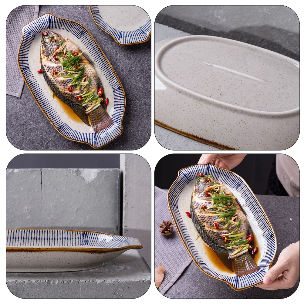 

1Pcs Rectangular Double Ear Fish Steaming Plate Ceramic Practical Oven Microwave Dishwasher Safe Cooking Serving Dish