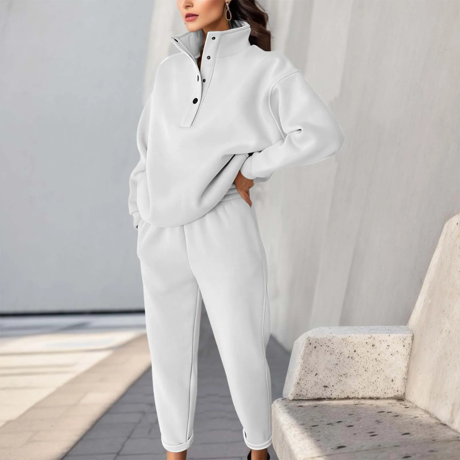 

Suit Loose Long-sleeved Hoodie Pocket Pants Casual 2-piece Set Women Elegant Thick Button Stand-up Collared Hoodie Waist Pants