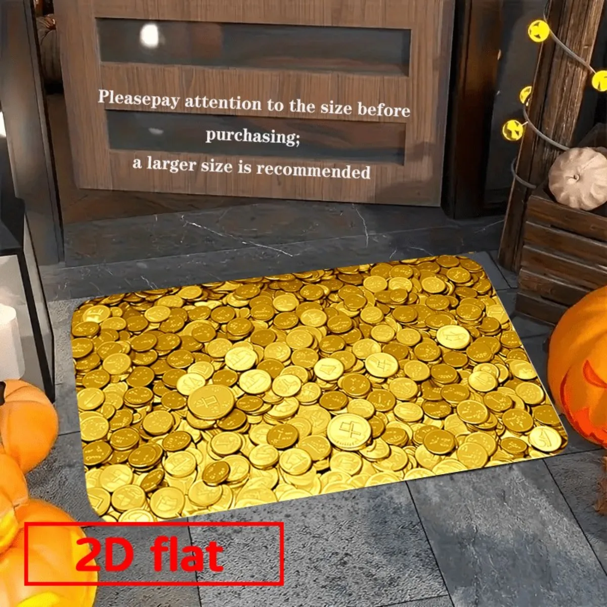 2D Flat Pile Of Gold Coins Bitcoin Crypto Wealth Flannel Door Mat Non Slip Money Theme Rug For Entryway Office Home Decor