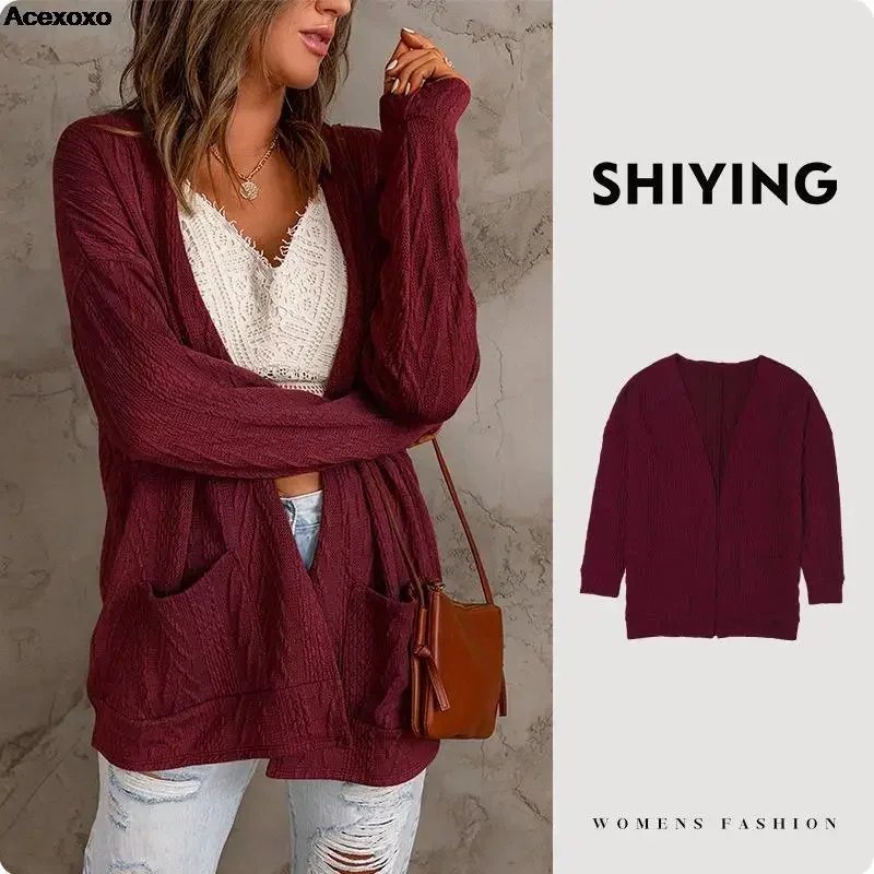 

Autumn and winter new women's fashion casual knitted woolen sweater solid color long sleeve coat