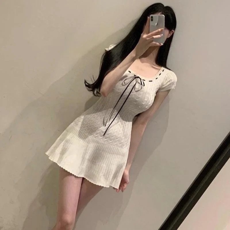 UK276 Damen-Strickkleid mit DString, U-Ne-Rock mit hoher Taille, A-Linie, süßer Sle-Sommer-Faion-Knoten