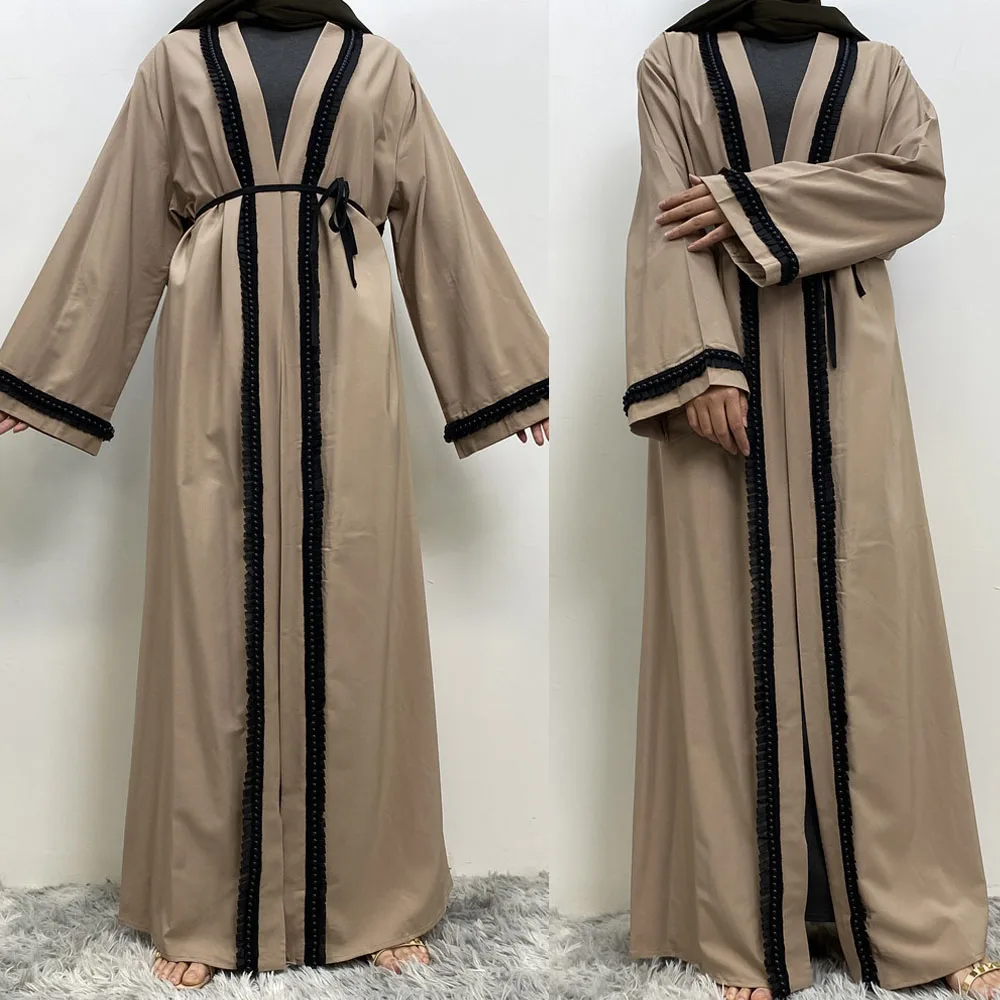 

Eid Beads Muslim Women Open Abayas Cardigan Maxi Dress Turkey Dubai Kaftan Arab Robe Belt Islamic Ramadan Kimono Jalabiya Caftan