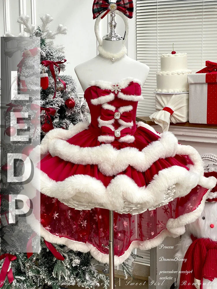 IMU Christmas Party Dress New Year Red White Light Lolita Autumn Winter Dress Strapless Princess Bow Tie Ball Gown Mini Vestido