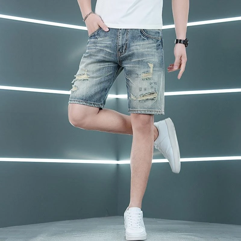 2026 Summer Men's Shorts Retro Style Distressed Denim With Hand-Ripped Holes Straight Cut Slim Comfortable Five-Inch Denim Pants