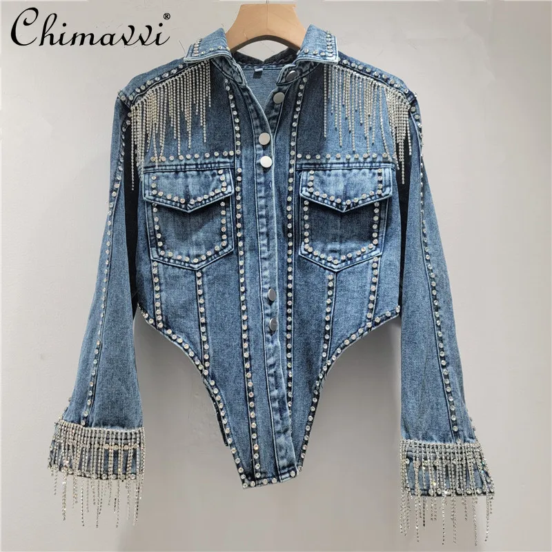 

Fashion Short Denim Jacket for Women 2026 Spring New Heavy Embellished Tassel Top Fashion Streetwear Long Sleeve Jean Coat