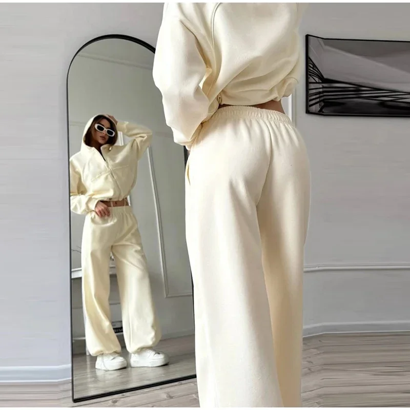 Damen-Hosen 2-teiliges Set: Kapuzenjacke mit langen Ärmeln und Reißverschluss, elastische Taille, weit geschnittene Hose, schicke Damen-Sportbekleidung, neues Herbst-Outfit. – Detail 24