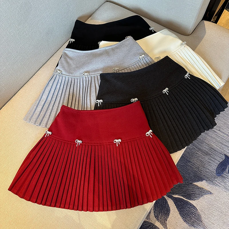 MEXZT Kawaii Bow Woolen Mini Skirt Women Harajuku Cute Black Pleated Skirts Winter Preppy Korean High Waist White A Line Faldas