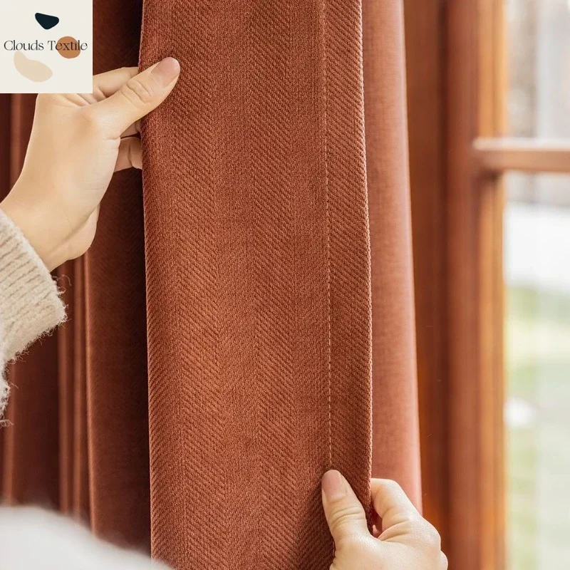 

Customized Herringbone Chenille Curtains for Bedroom Living Room Home High Grammage Blackout Heavy Drape Solid Color