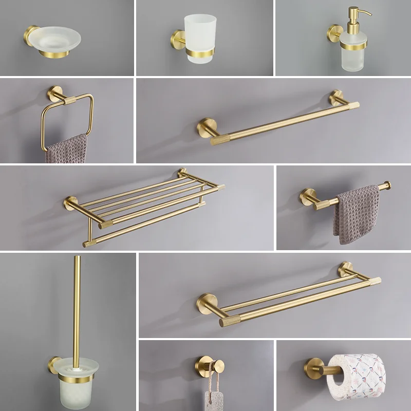 

Brushed Gold Brass knurling Wall Mounted Hand Towel Bar Toilet Paper Holder Robe Towel Hooks Bathroom Accessories Kit