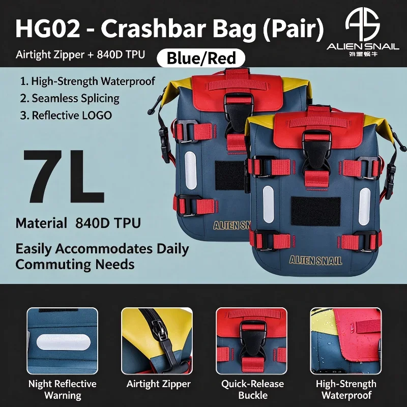 Alien Snail HG02 Motorcycle Crash Bar Bags Pair 7L 840D TPU Waterproof Side Bags with Airtight Zipper Reflective Strips