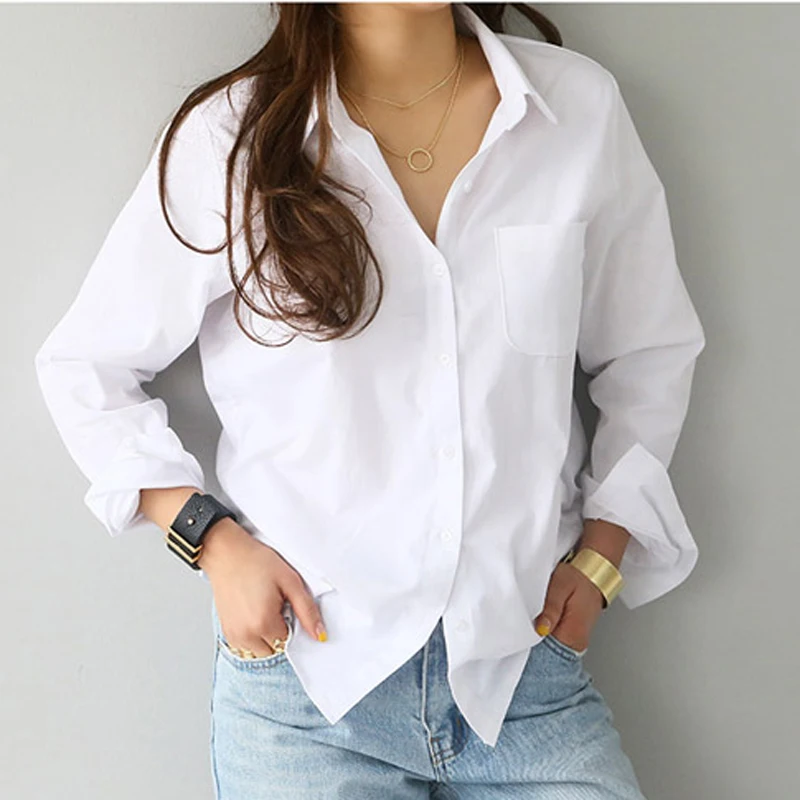 Camisa blanca de manga larga para mujer, ropa de trabajo informal con cuello vuelto, botones de oficina, Top femenino sólido suave, moda nueva