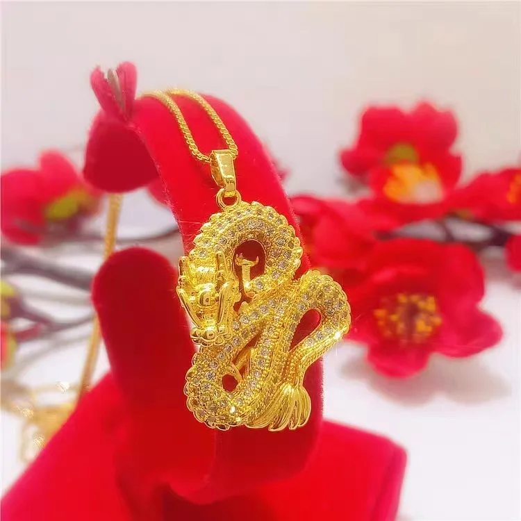 

100% 18K Yellow Gold Color Full Diamond Dragon Pendant Pendants Necklace Box Chain for Women Party Fine Jewelry Christmas Gifts