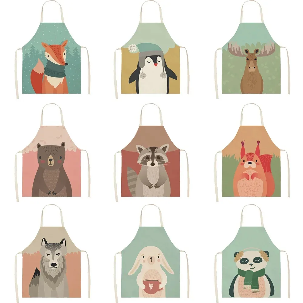 55x68cm household adult anti-fouling apron sleeveless linen rabbit bear fox animal print pattern bib kitchen cooking apron