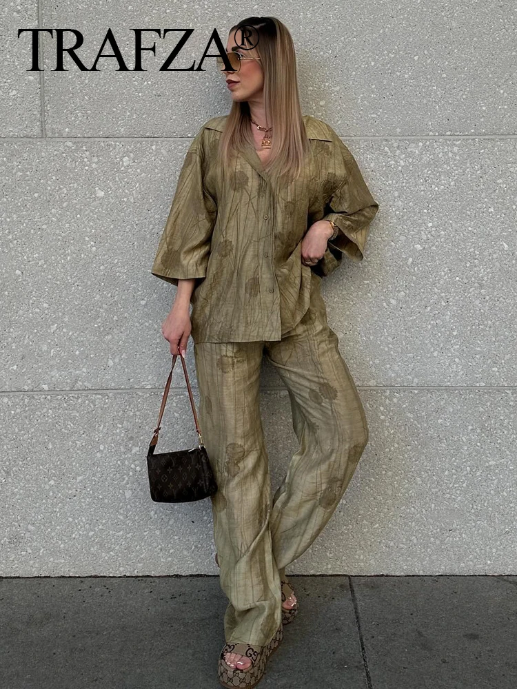 TRAFZA Women Elegant Print Shirt Pants Suit Long Sleeves Single Breasted Casual Shirts+ High Waist Lace-Up Wide Leg Pants Outfit