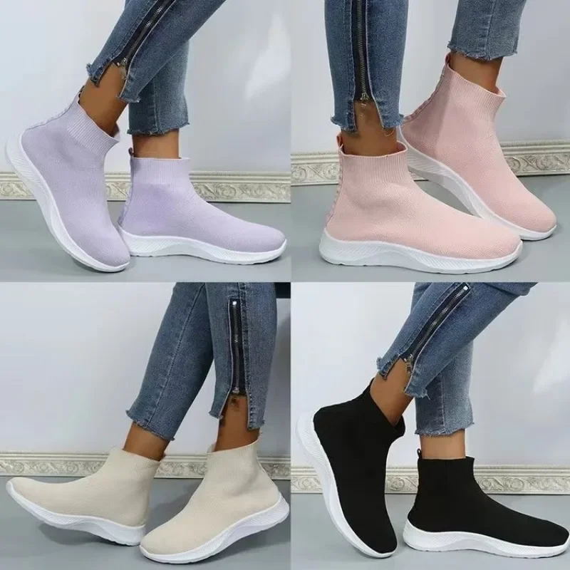 High Top Breathable Knitted Flats Women Autumn Slip on Non-slip Casual Shoes Woman Plus Size 43 Thick Bottom Sock Shoes