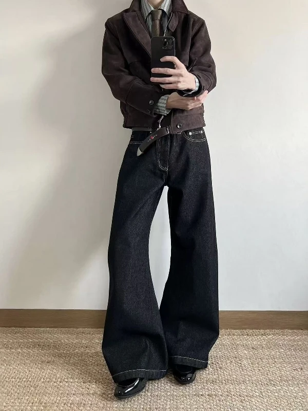 

Cleanfit American Sle Casual Wide Leg Trendy Men's Jeans Loose Retro Straight Denim Bla Long Trousers Youth Wear