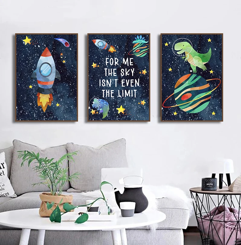 Dinosaurs in Outer Space Astronauts  Cartoon Posters Prints Canvas Printing Wall Art Picture for Nursery Kids Boys Room Decor
