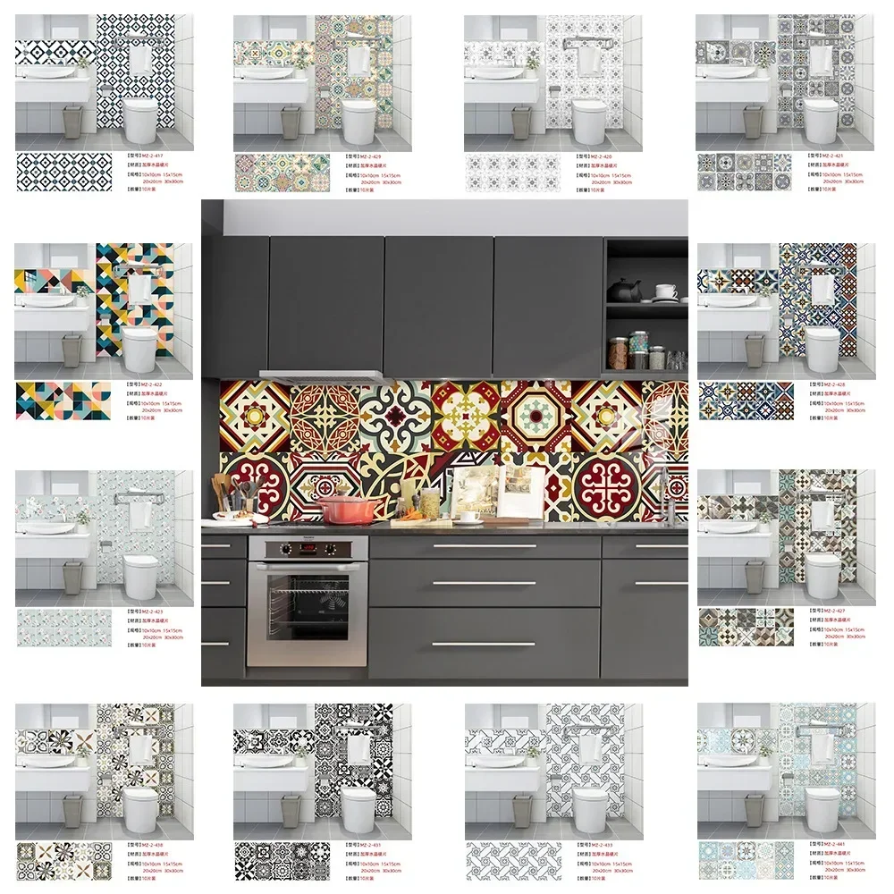 10pcs Bohemian tile stickers Home renovations Bathroom kitchen cabinets beautify decor Revamp Self-adhesive wall stickers