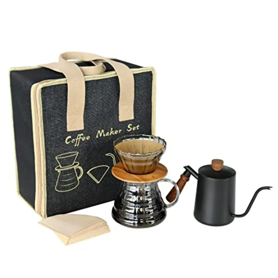 

Pour Over Coffee Maker Set with Black Gooseneck Kettle, Wooden Pad Holder, Coffee Dripper Server, DIY Manual Portable Coffee Mak