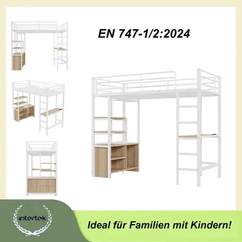 2024 Bunk bed with desk, with power outlet and USB, several shelves, locker, ladder, iron rack, 90*200cm no mattress