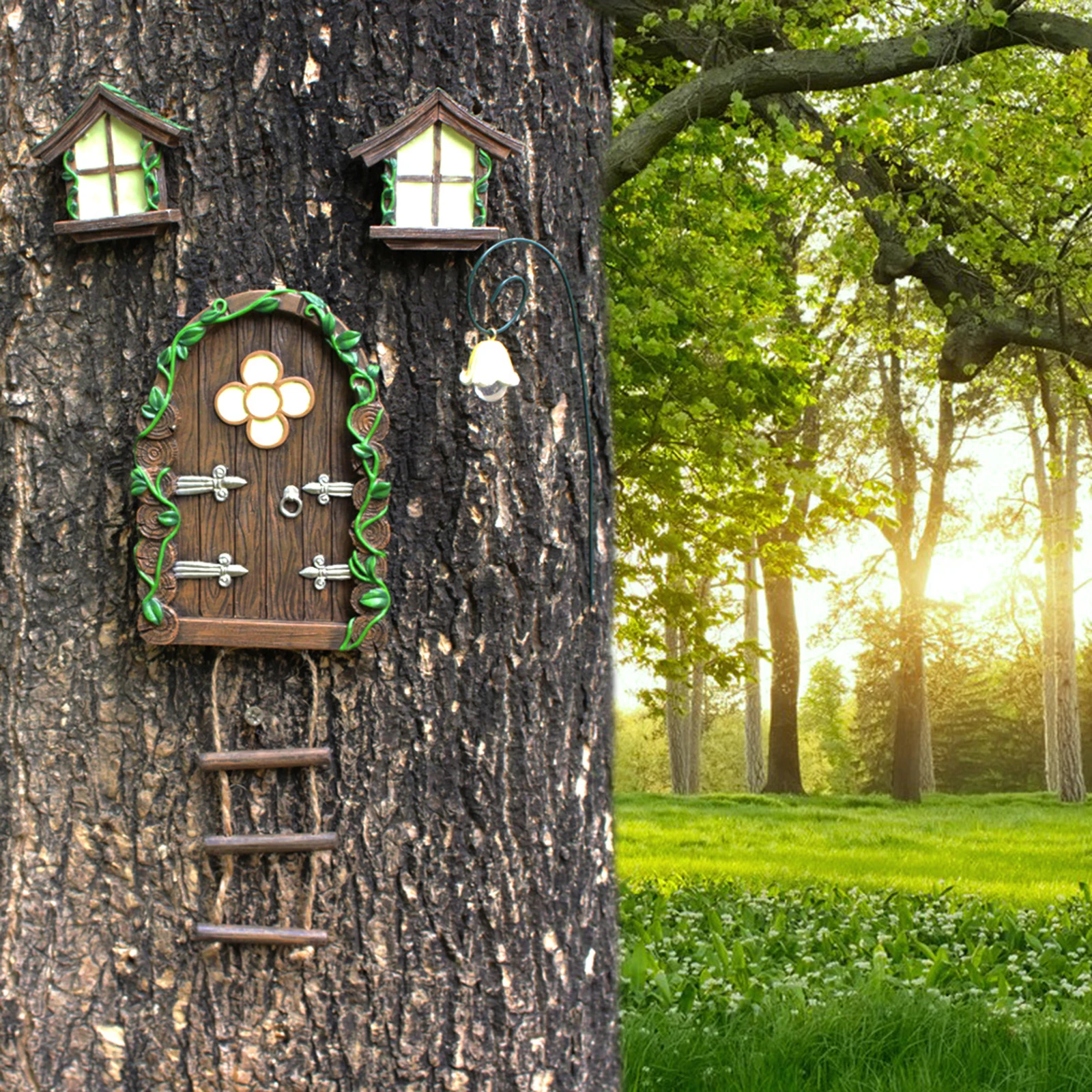 2024 Miniature Gnome Fairy House Window and Door for Trees Glow in The Dark Yard Art Garden Sculpture Lawn Ornament Decoration