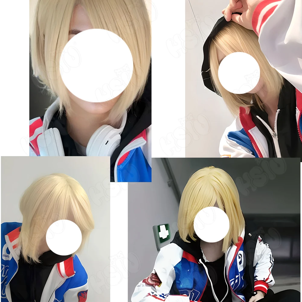 Yuri Plisetsky peruka do cosplay peruka syntetyczna z włókien 「HSIU 」beżowa peruka krótka + czapka z peruką Anime YURI!!! na peruce cosplay ICE Yurio