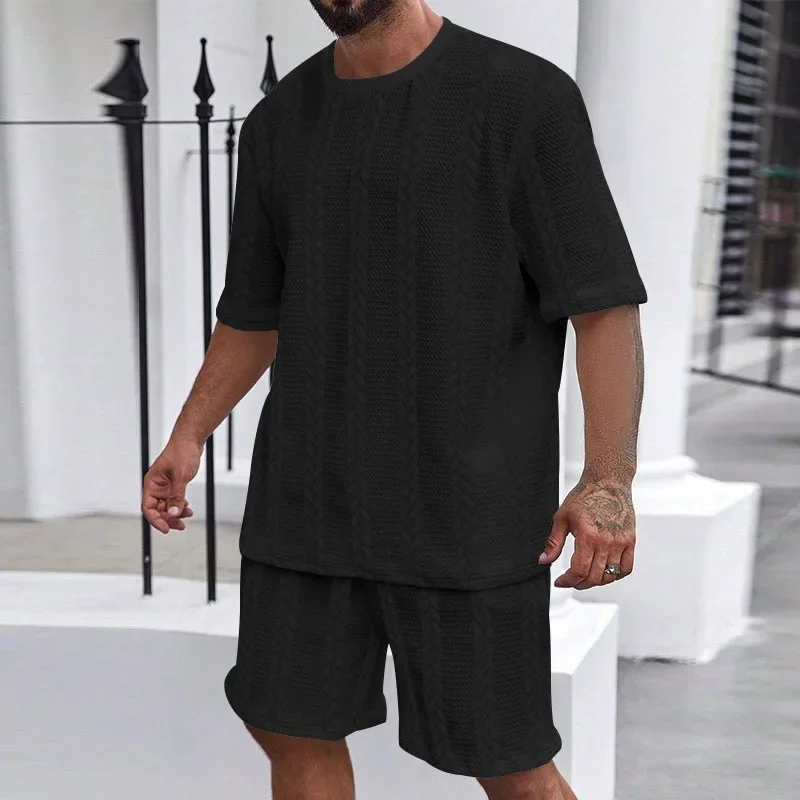 2024 European and American Knitted Jacquard Summer Casual Short Sleeve Sports Suit Men's Round Neck Heavy Two-Piece Suit